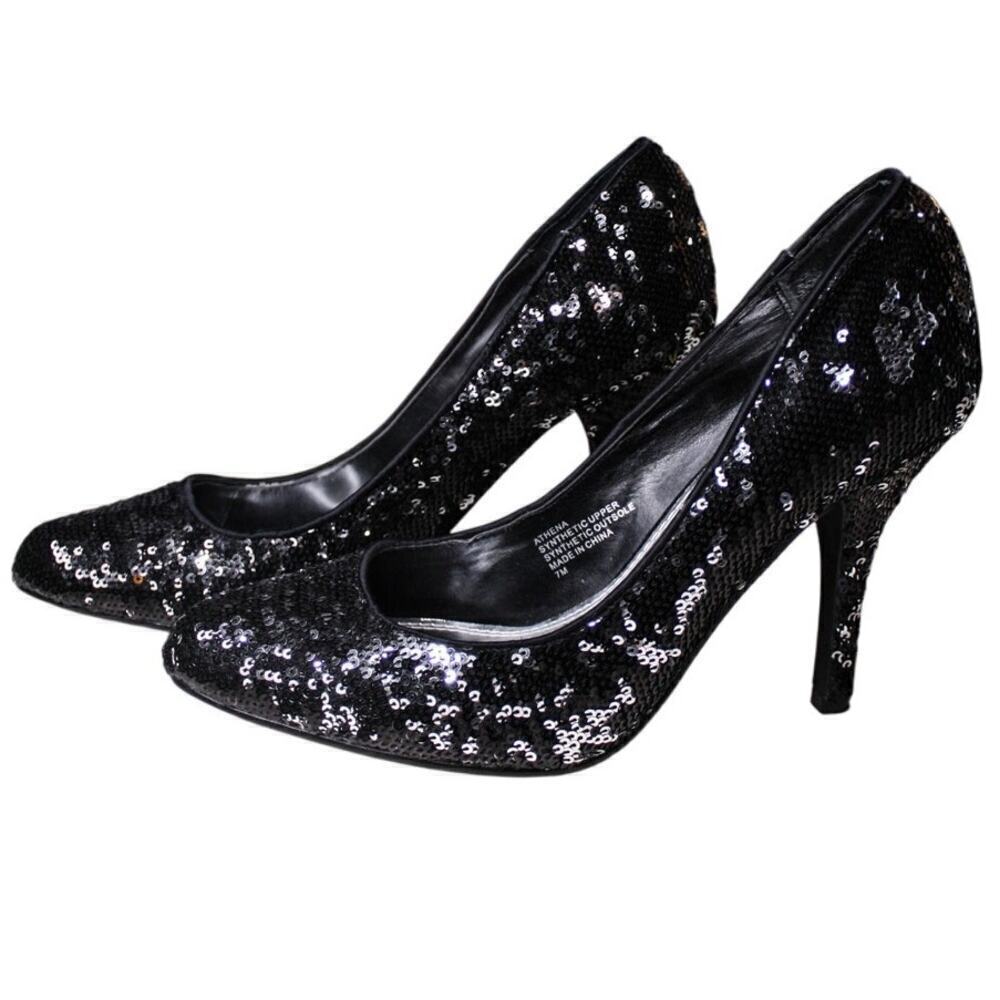 White House Black Market Athena Sequin High Heel Pumps Silver Black 7M